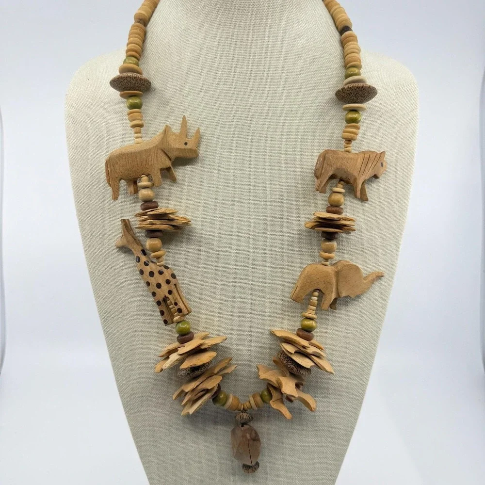 Hand Carved Wood Safari Animal Bead Necklace Elephant Giraffe Rhino Boho Gift